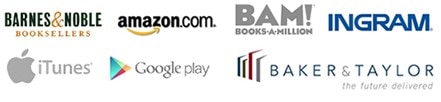 Book Retailers Logos - Amazon, Barnes and Noble, Books a Million, Ingram, iTunes, Google play, Baker and Taylor